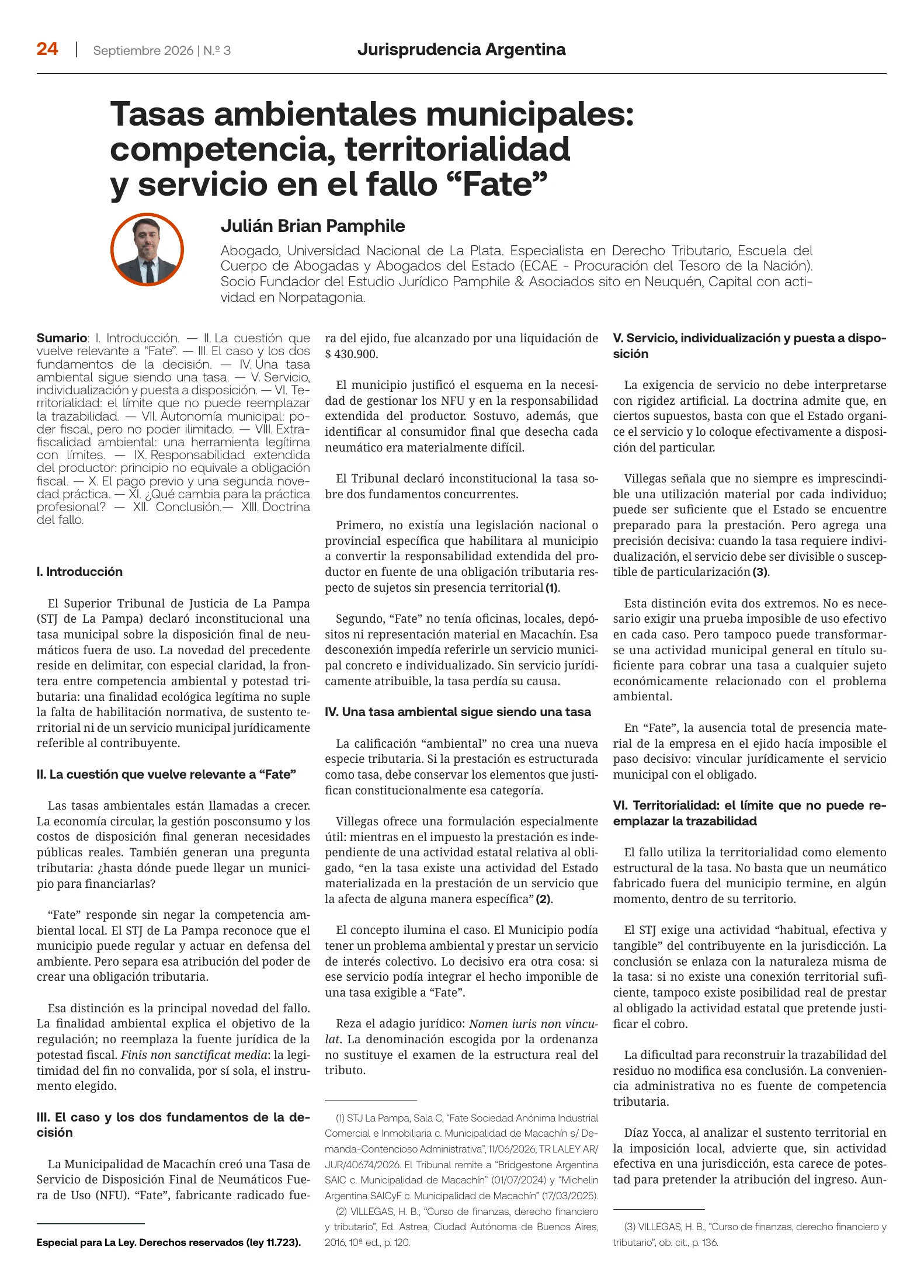 Artículo Tasas ambientales municipales de Julián Brian Pamphile publicado en Jurisprudencia Argentina Patagonia